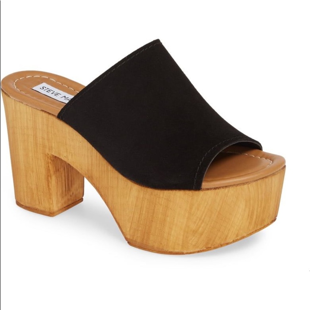 Steve Madden Playdate shoe, black suede wooden platform slides size 8